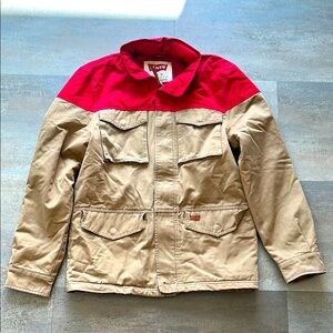 Levi’s Jeans, stylish Red, Blue and Tan Jacket. Men’s small.